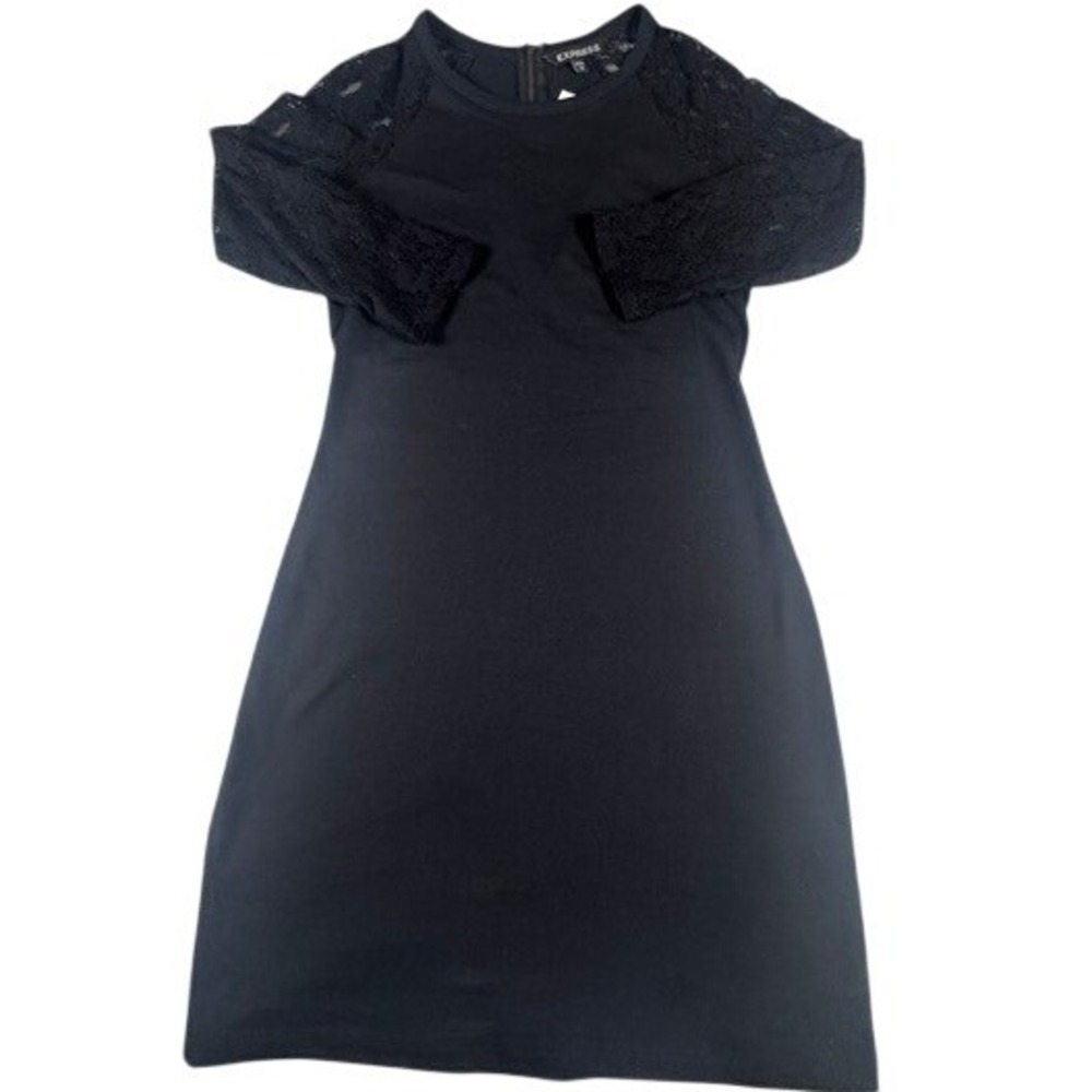 Express Dress Women's S Black Lace Sleeve Shift Mini Crew Neck Zipper Back NWT